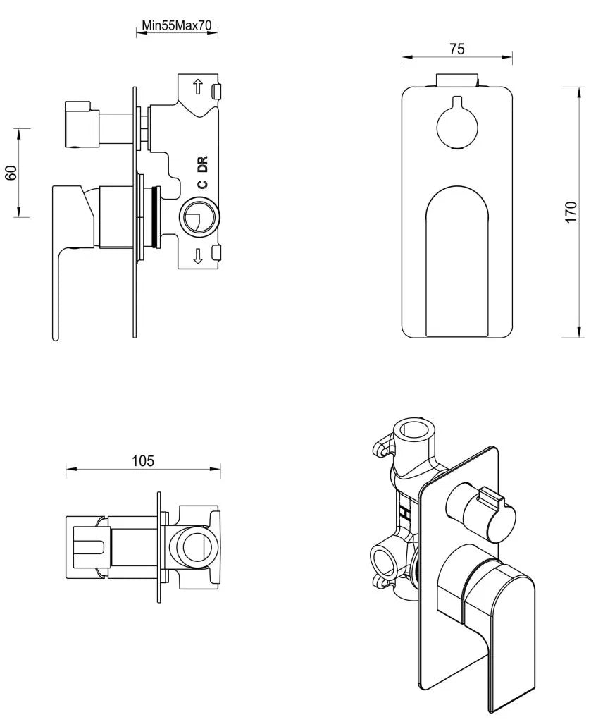 Beki Shower Mixer Diverter – 1P – TRIM KIT ONLY - Chrome