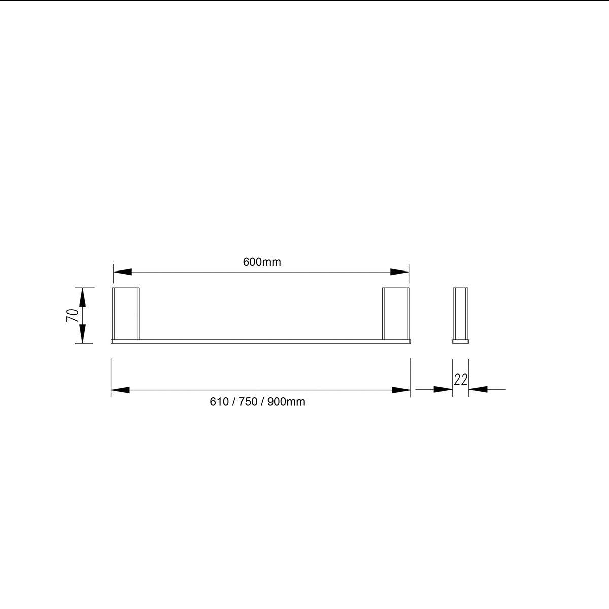 Single Towel Rail 600 or 750 or 900mm