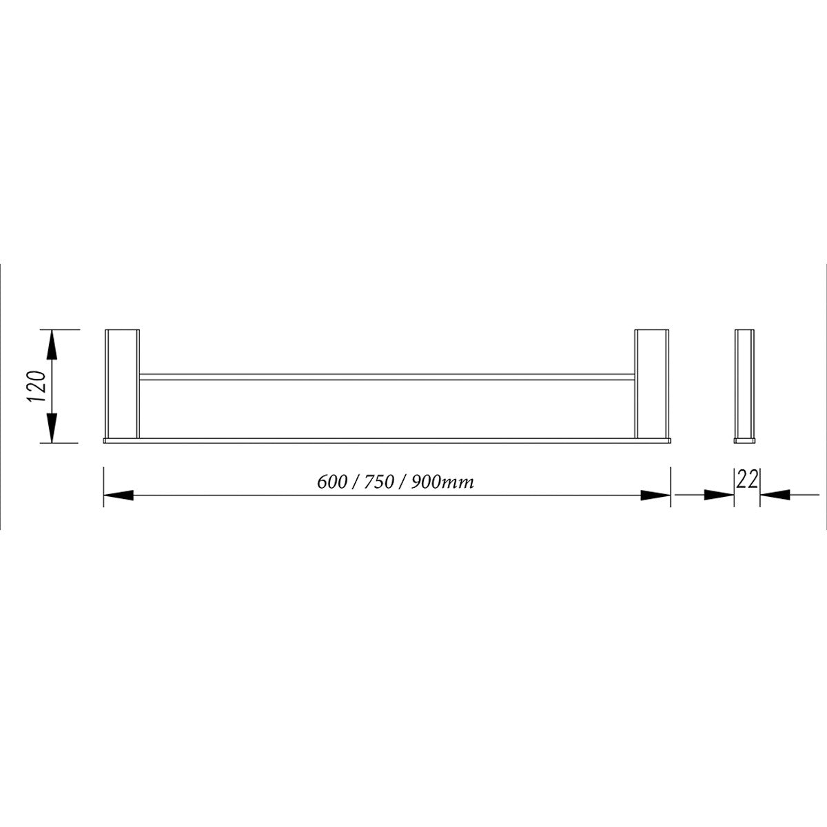 Double Towel Rail 600 or 750 or 900mm