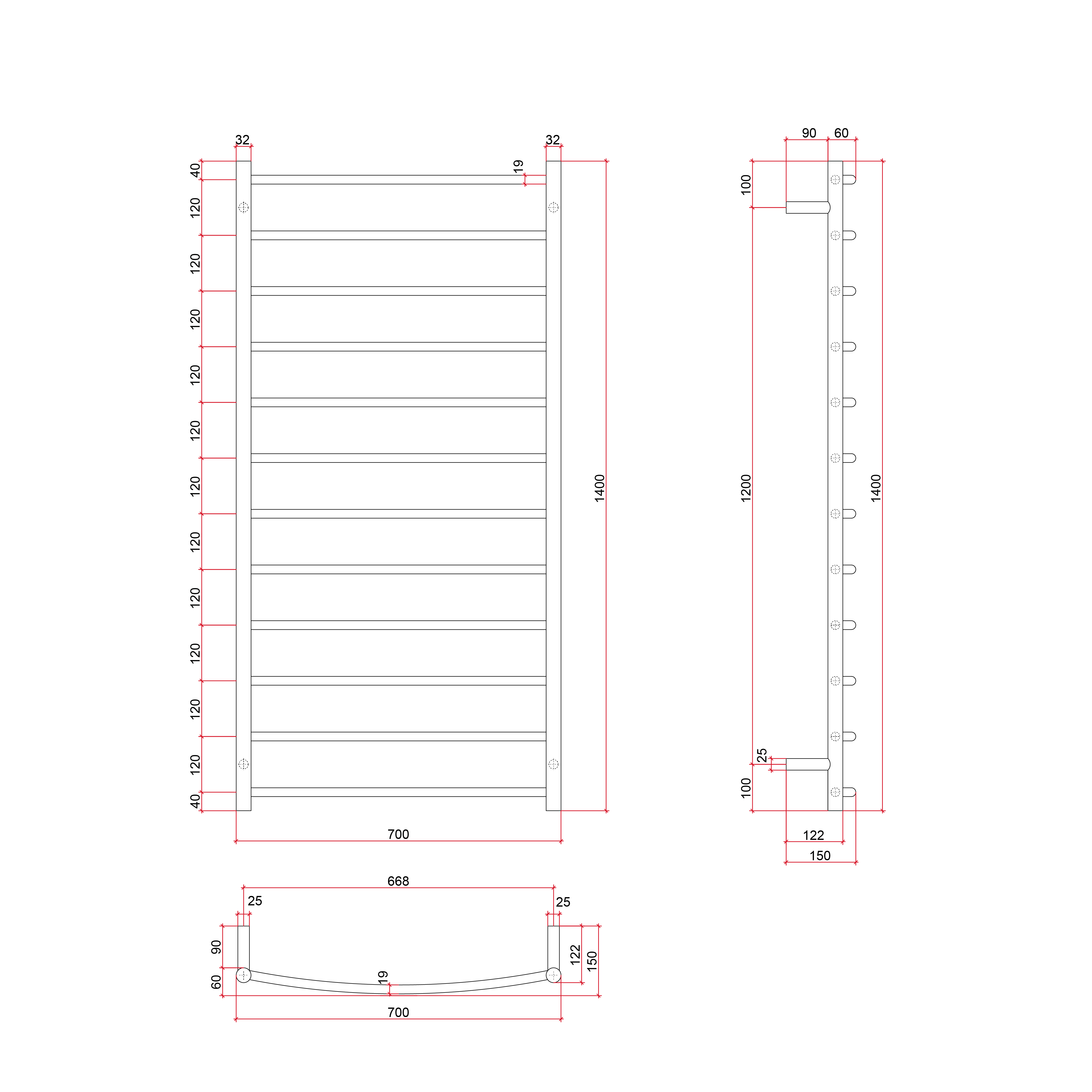 CR69M Curved Round Polished Ladder Heated Towel Rail