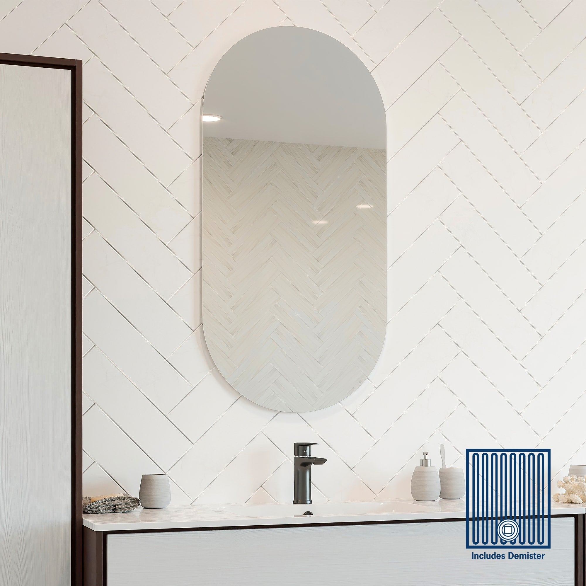 DP5010HND Pill Shape Polished Edge Mirror with Hangers including demister