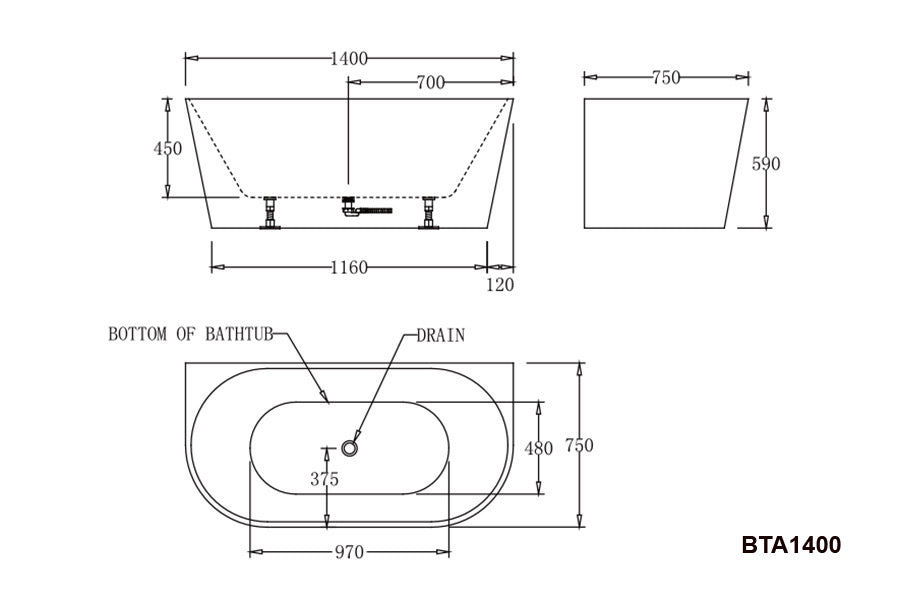 ATLANTA Back to Wall Bathtub-BTA1400