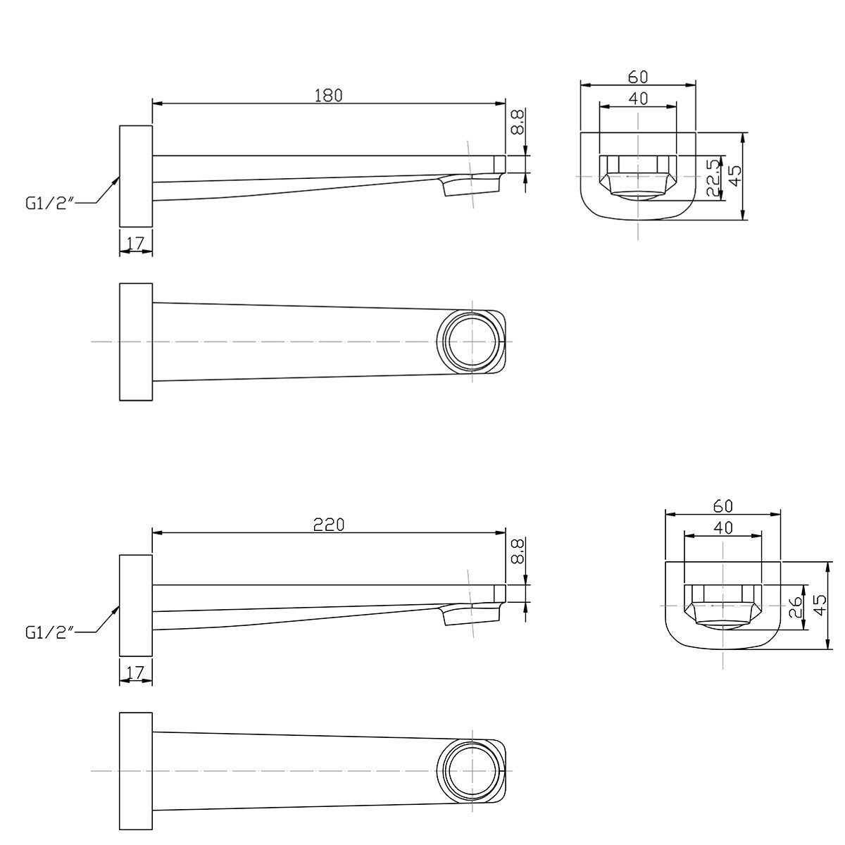 Bath Spout - 'Celsior' - 180mm / 200mm