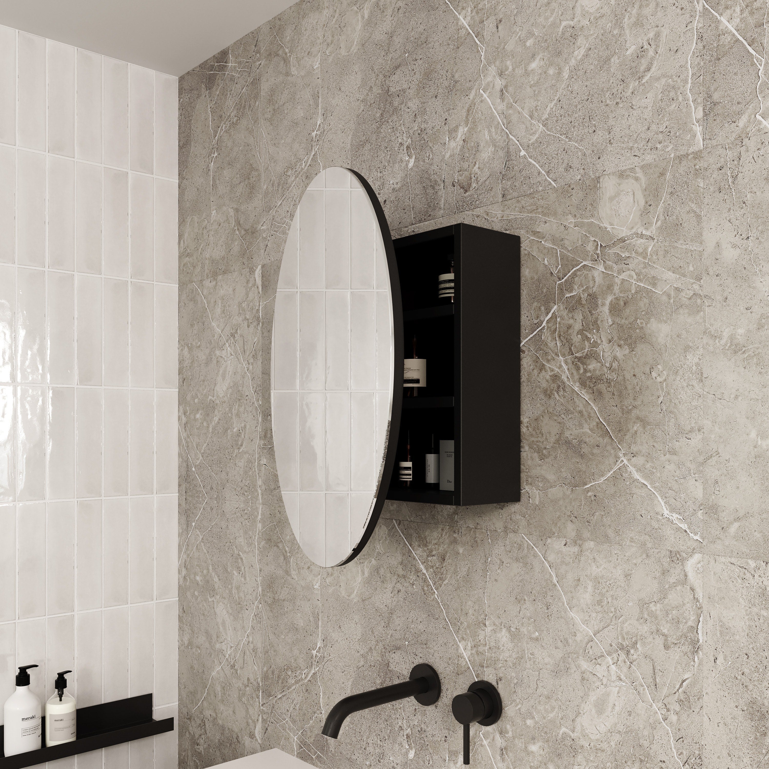 CR6060B Round Black Mirror Cabinet