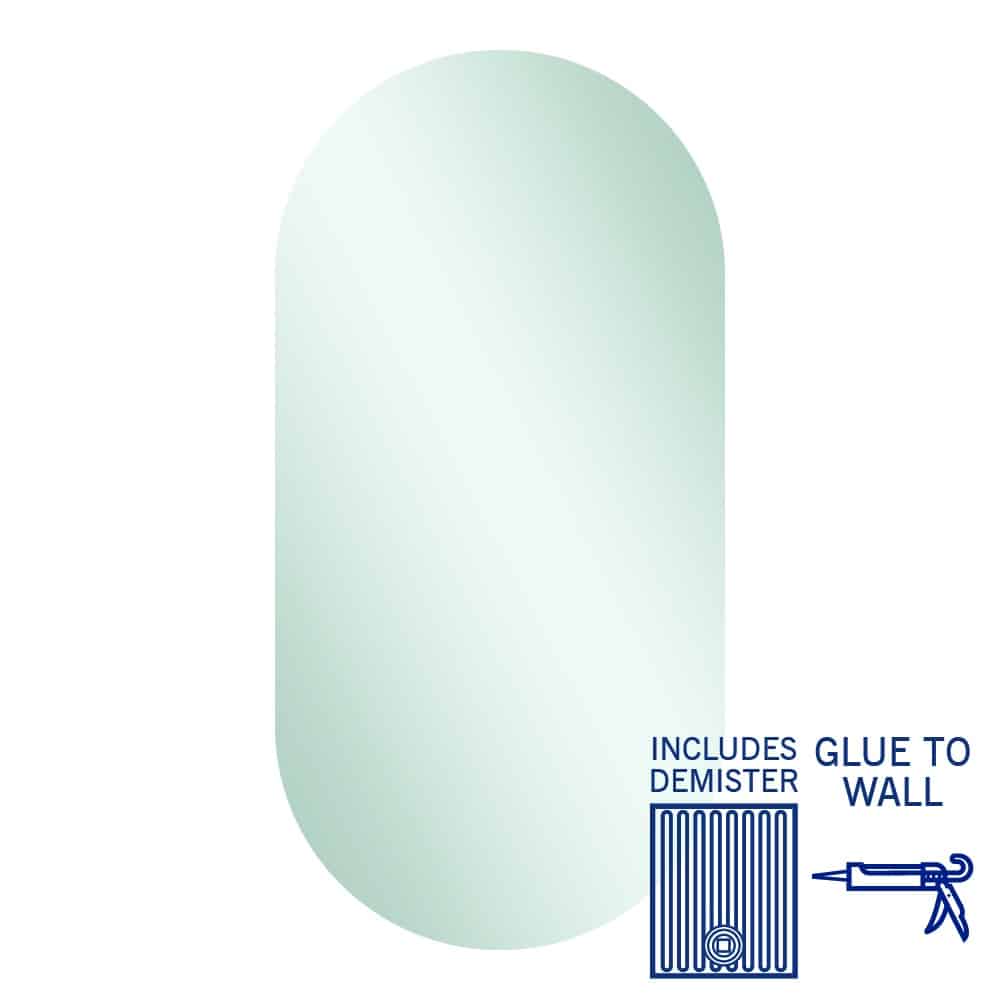 DP5010GTD Pill Shape Polished Edge Mirror Glue-to-Wall including demister