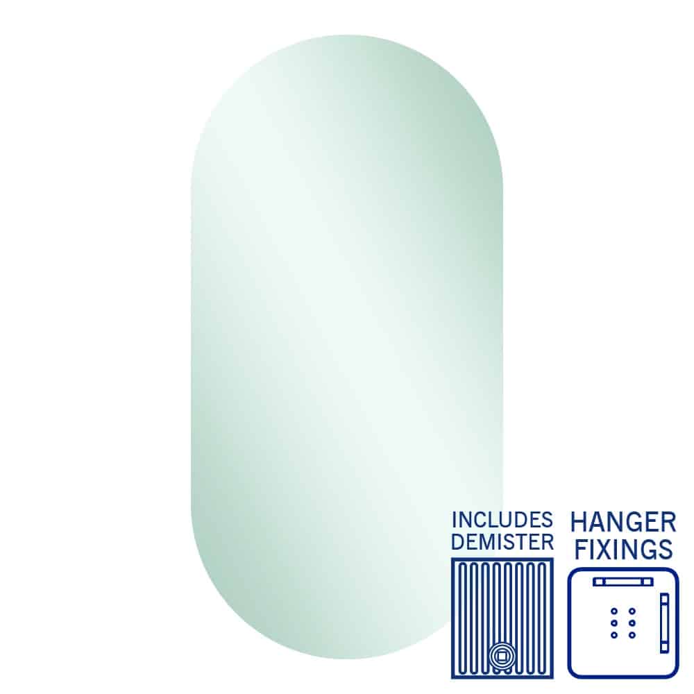 DP5010HND Pill Shape Polished Edge Mirror with Hangers including demister