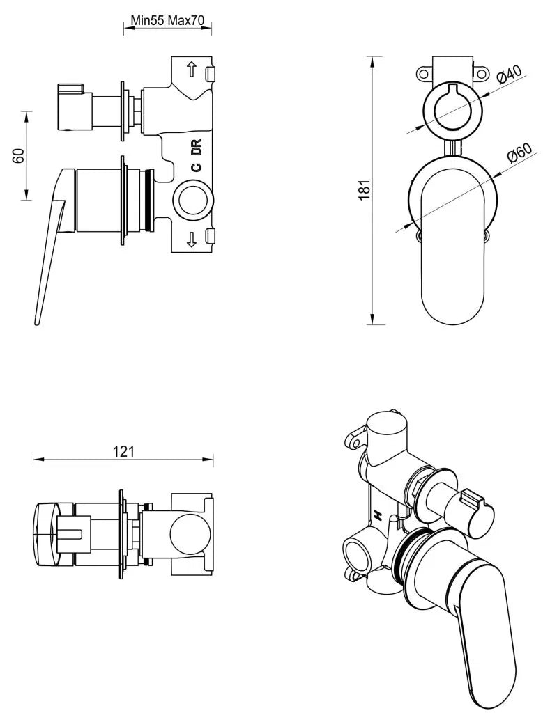 Lantra Shower Mixer Diverter – 2P – TRIM KIT ONLY - Chrome