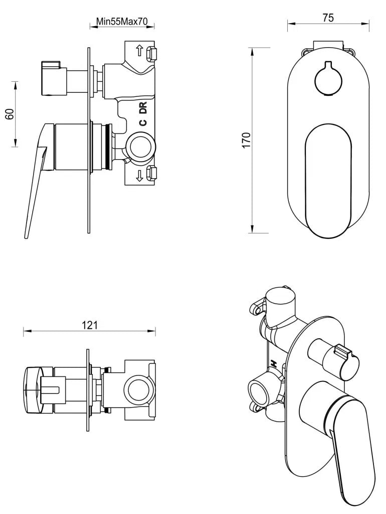 Lantra Shower Mixer Diverter – 1P – TRIM KIT ONLY - Chrome
