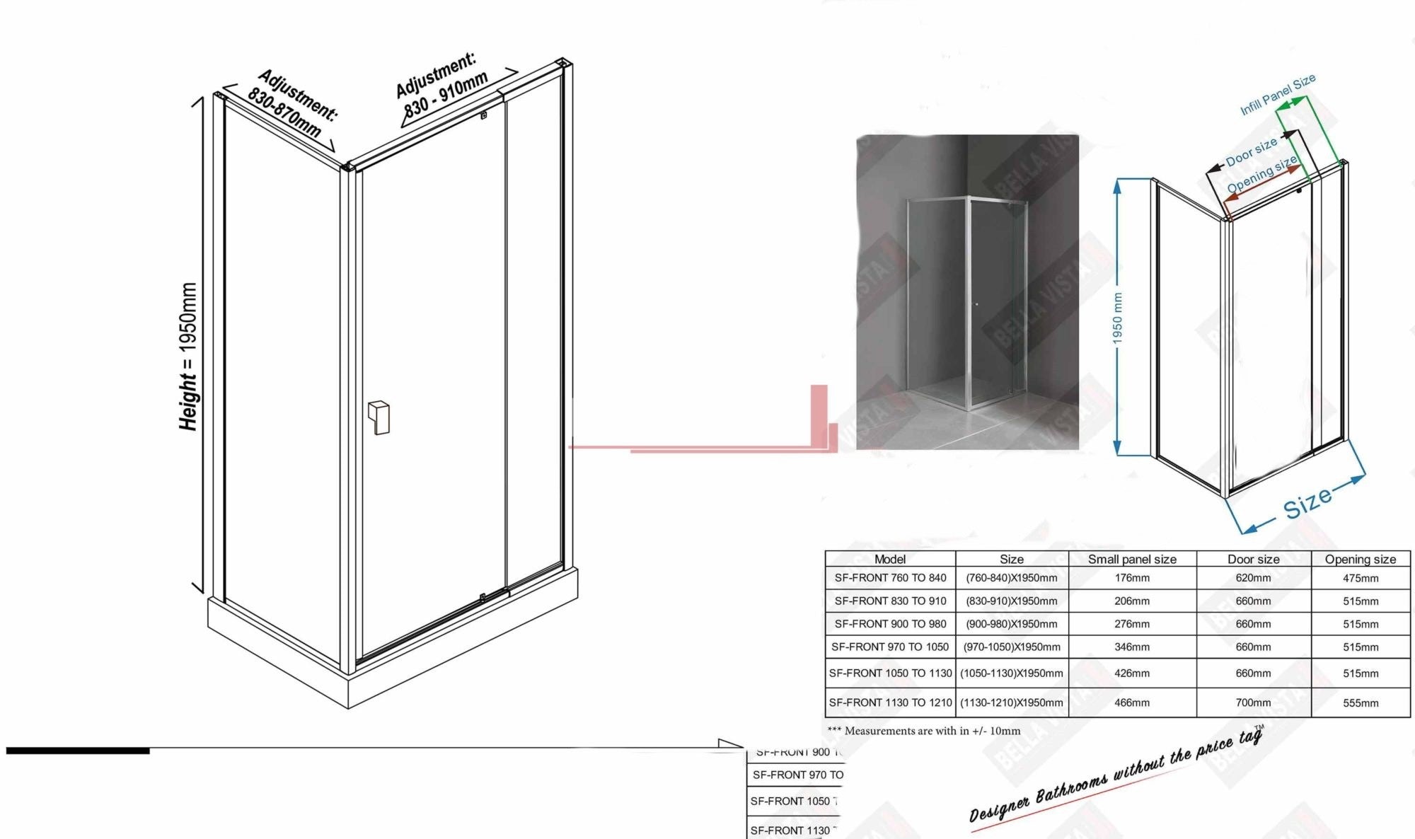 Semi Frameless Shower Screen – Front and Return - Multiple Sizes