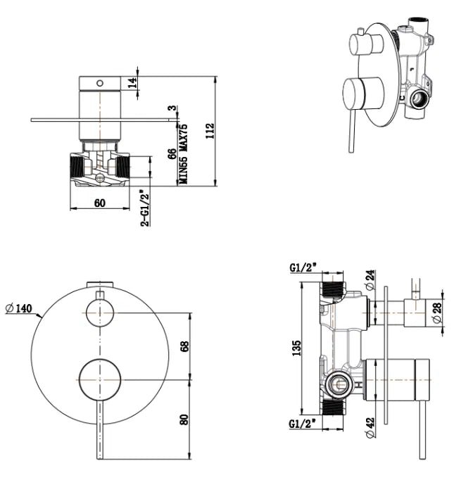 Mica Shower Mixer Diverter – 1P – TRIM KIT ONLY
