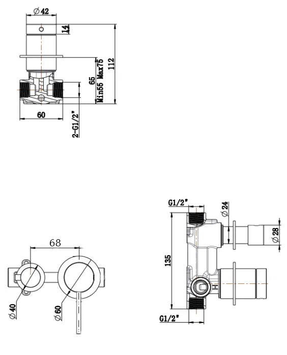 Mica Shower Mixer Diverter – Sideways – TRIM KIT ONLY