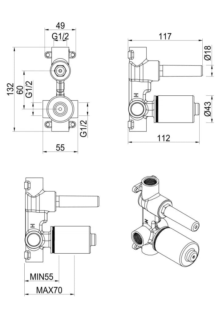 Tiago, Beki, Eleniko, Kaza – Shower Mixer Diverter – BODY ONLY - ‎n/a