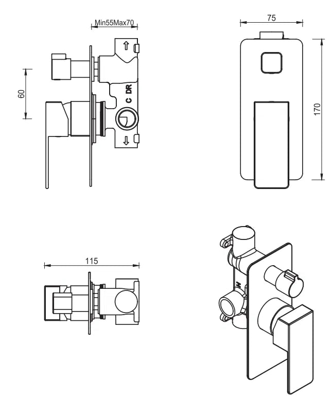Aleko Project Shower Mixer Diverter – TRIM KIT ONLY - Black