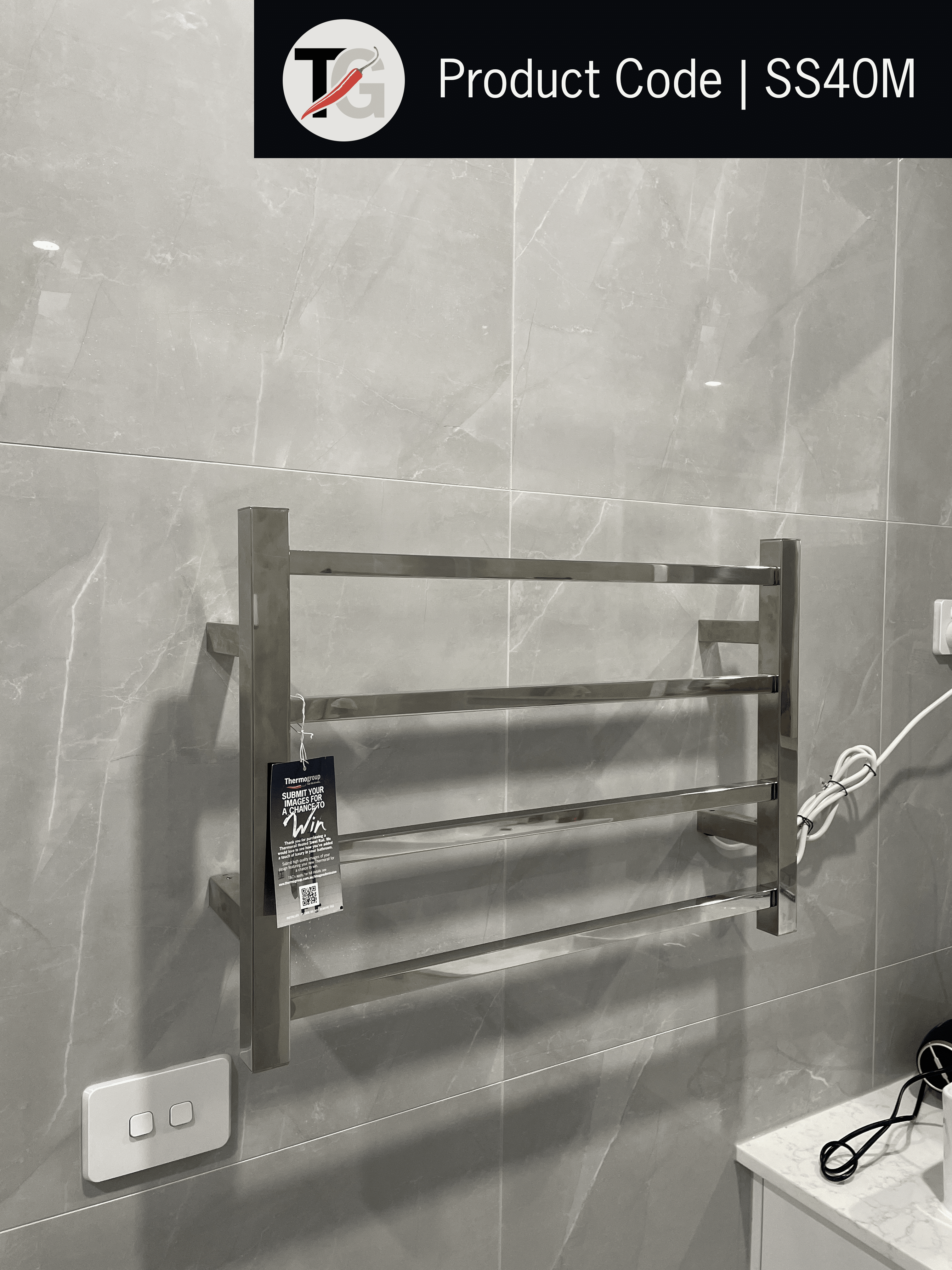 SS40M Straight Square Polished Ladder Heated Towel Rail