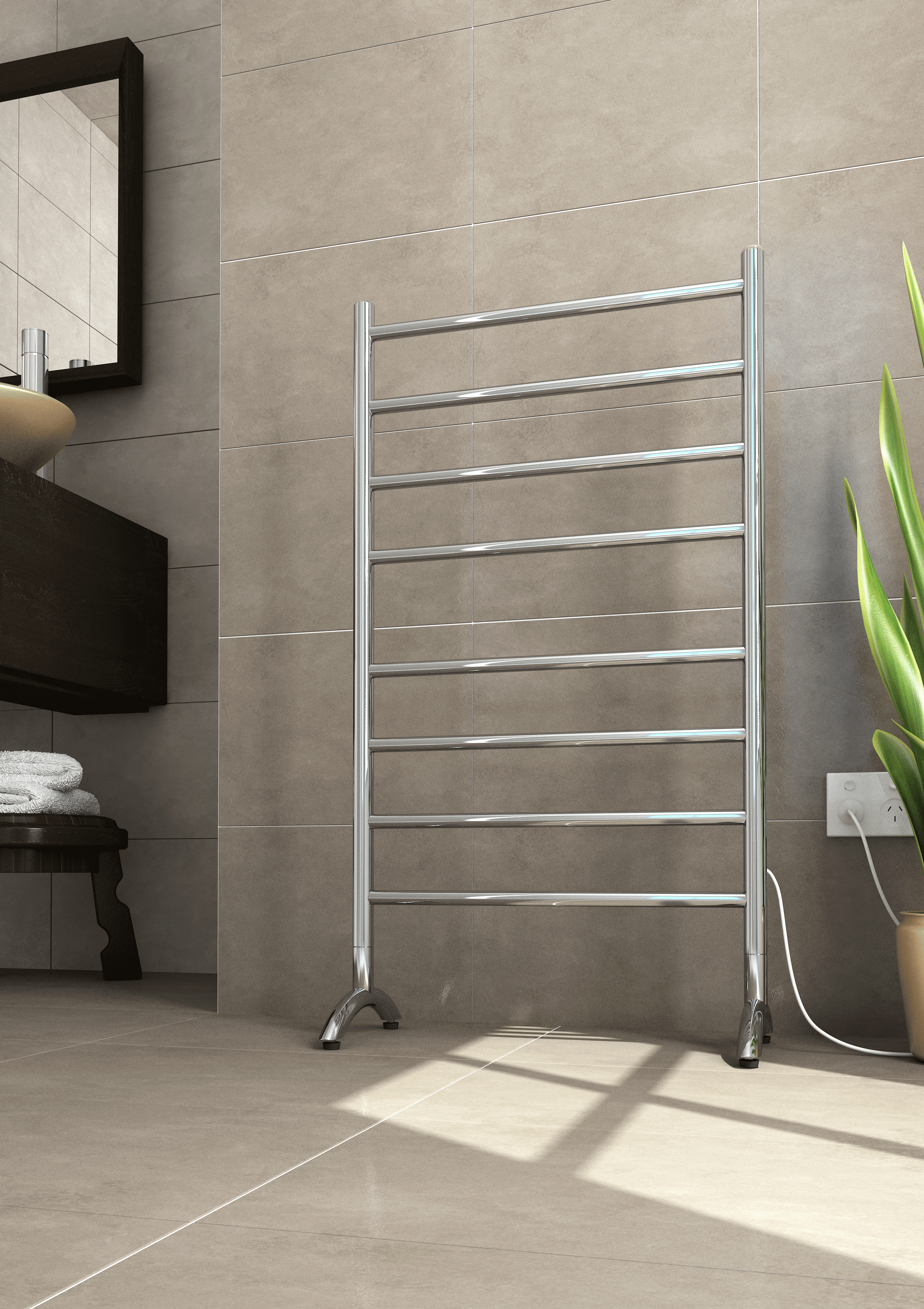 FS66E Straight Round Free-Standing Polished Heated Towel Rail
