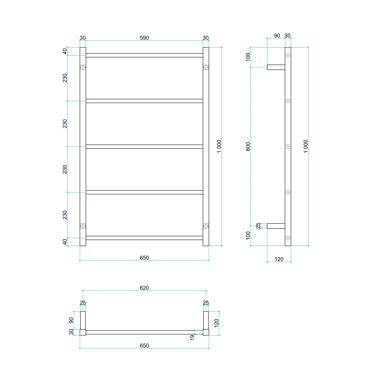 USS56 Straight Square Polished Non-Heated Ladder Towel Rail